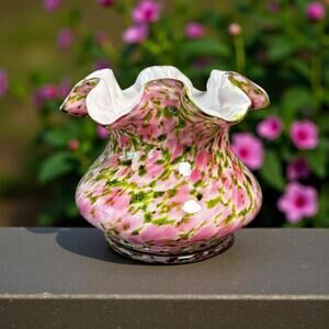 Fenton Art Glass Rose Glitter Pink & Green Aventurine Vase 4.5" Vintage Murrhina